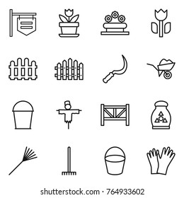 Thin line icon set : shop signboard, flower, bed, perishable, fence, sickle, wheelbarrow, bucket, scarecrow, farm, fertilizer, rake, gloves