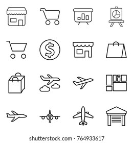 Thin line icon set : shop, cart, presentation, dollar coin, shopping bag, journey, plane, consolidated cargo, airplane, garage