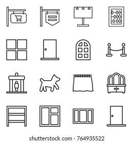 Thin line icon set : shop signboard, billboard, abacus, window, door, arch, vip fence, detector, dog, curtain, dresser, rack