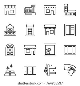 Thin line icon set : shop, cashbox, mansion, cottage, building, window, arch, flower in, clean floor, skyscrapers cleaning, wiping