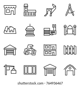 Thin line icon set : shop, mansion, greate wall, draw compass, project, goverment house, mall, minaret, garage, modern architecture, modular, fence, loading, window, barn