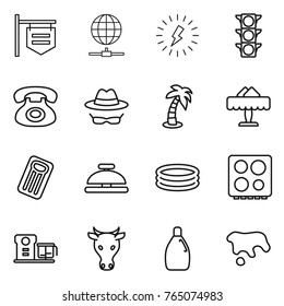Thin line icon set : shop signboard, globe connect, lightning, traffic light, phone, confidential, palm, restaurant, inflatable mattress, service bell, pool, hob, food processor, cow, cleanser, spot