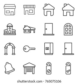 Thin line icon set : shop, home, mansion, house with garage, door, arch window, key, fridge, bell, do not distrub, please clean