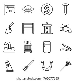 Thin line icon set : shop signboard, ufo, dollar coin, nail, construction, rack, detector, water tap, radiator, fridge, walnut crack, knife holder, fork, horseshoe, rake