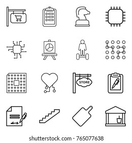 Thin line icon set : shop signboard, clipboard, chess horse, chip, presentation, hoverboard, cpu, cardio, store, pen, inventory, stairs, cutting board, utility room