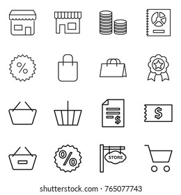 Thin line icon set : shop, coin stack, annual report, percent, shopping bag, medal, basket, account balance, receipt, remove from, store signboard, cart