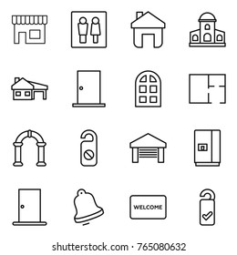 Thin line icon set : shop, wc, home, mansion, house with garage, door, arch window, plan, do not distrub, fridge, bell, welcome mat, please clean