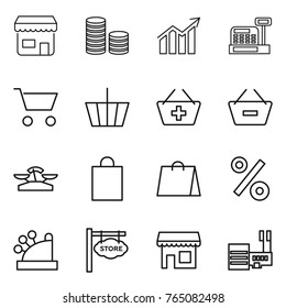 Thin line icon set : shop, coin stack, diagram, cashbox, cart, basket, add to, remove from, scales, shopping bag, percent, store signboard, mall