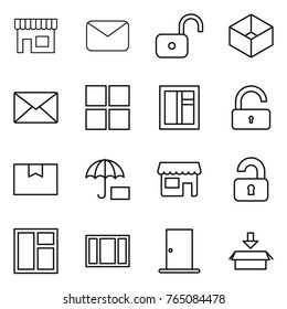 Thin line icon set : shop, mail, unlock, box, window, package, insurance, unlocked, door