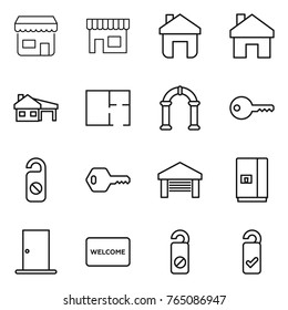 Thin line icon set : shop, home, house with garage, plan, arch, key, do not distrub, fridge, door, welcome mat, please clean