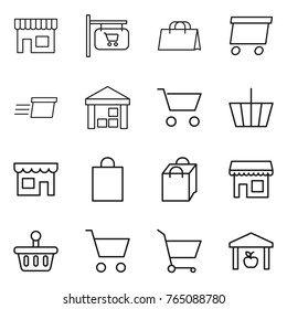 Thin line icon set : shop, signboard, shopping bag, delivery, warehouse, cart, basket