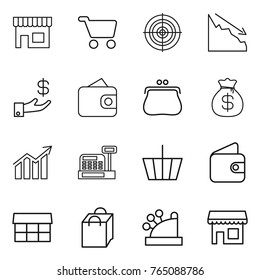 Thin line icon set : shop, cart, target, crisis, investment, wallet, purse, money bag, diagram, cashbox, basket, market, shopping