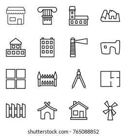 Thin line icon set : shop, column, mansion, project, cottage, building, lighthouse, slum, window, gothic architecture, drawing compasses, plan, fence, bungalow, home, windmill