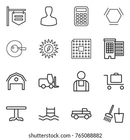 Thin line icon set : shop signboard, man, calculator, hex molecule, cell corection, sun power, cpu, houses, barn, fork loader, workman, baggage trolley, table, pool, pickup, bucket and broom
