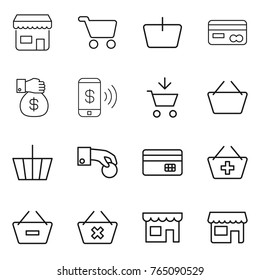 Thin line icon set : shop, cart, basket, card, money gift, phone pay, add to, hand coin, credit, remove from, delete