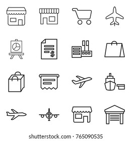 Thin line icon set : shop, cart, plane, presentation, account balance, store, shopping bag, atm receipt, port, garage