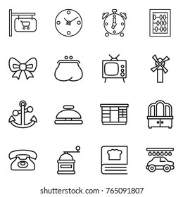 Thin line icon set : shop signboard, clock, alarm, abacus, bow, purse, tv, windmill, anchor, service bell, wardrobe, dresser, phone, hand mill, cooking book, car wash