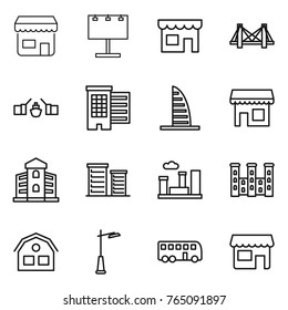 Thin line icon set : shop, billboard, bridge, drawbridge, houses, skyscraper, building, district, city, palace, house, outdoor light, bus