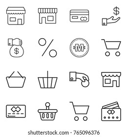 Thin line icon set : shop, card, investment, money gift, percent, crypto currency, cart, basket, hand coin, credit
