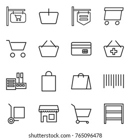Thin line icon set : shop signboard, basket, delivery, cart, credit card, add to, store, shopping bag, bar code, cargo stoller, rack