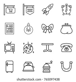 Thin line icon set : shop signboard, rocket, alarm clock, abacus, bow, purse, tv, disco ball, table, phone, fridge, kettle, hand mill, horseshoe