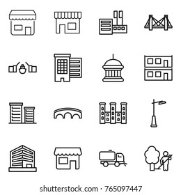 Thin line icon set : shop, store, bridge, drawbridge, houses, goverment house, modular, district, palace, outdoor light, office, sweeper, garden cleaning