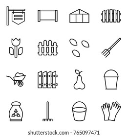 Thin line icon set : shop signboard, fence, greenhouse, perishable, seeds, fork, wheelbarrow, pear, bucket, fertilizer, rake, gloves