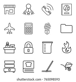 Thin line icon set : shop, share, call, annual report, plane, calculator, bulb, documents, reception, locked, measuring cup, fire, double boiler, cooking book, rake, wheelbarrow