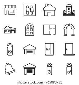 Thin line icon set : shop, wc, home, mansion, house with garage, arch window, plan, do not distrub, fridge, door, bell, please clean