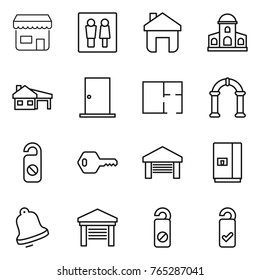 Thin line icon set : shop, wc, home, mansion, house with garage, door, plan, arch, do not distrub, key, fridge, bell, please clean