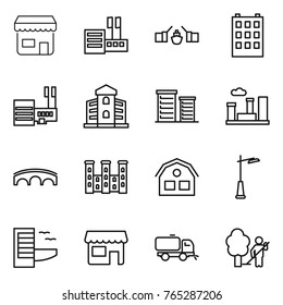 Thin line icon set : shop, store, drawbridge, building, mall, district, city, bridge, palace, house, outdoor light, hotel, sweeper, garden cleaning