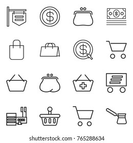 Thin line icon set : shop signboard, dollar, purse, money, shopping bag, arrow, cart, basket, add to, delivery, mall, turk