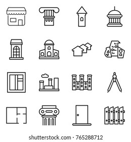 Thin line icon set : shop, column, tower, goverment house, building, mansion, houses, modern architecture, window, city, palace, drawing compasses, plan, antique, door, fence