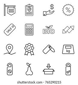 Thin line icon set : shop signboard, report, investment, percent, sale, calculator, bio, up down arrow, geo pin, medal, label, heavy, do not distrub, pear, package, please clean