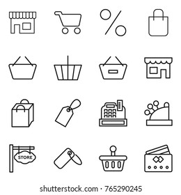 Thin line icon set : shop, cart, percent, shopping bag, basket, remove from, label, cashbox, store signboard, credit card