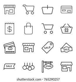 Thin line icon set : shop, cart, basket, card, receipt, shopping bag, delete, credit, sale label, store signboard