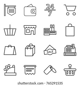 Thin line icon set : shop signboard, wallet, 24 7, cart, basket, store, shopping bag, sale, cashbox, atm receipt, label