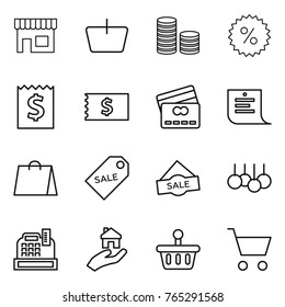 Thin line icon set : shop, basket, coin stack, percent, receipt, credit card, shopping list, bag, sale label, cashbox, real estate, cart