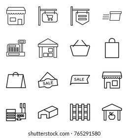Thin line icon set : shop, signboard, delivery, cashbox, warehouse, basket, shopping bag, sale, mall, pallet