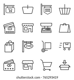 Thin line icon set : shop signboard, basket, credit card, market scales, shopping bag, store, cargo stoller, fast deliver, cart, package