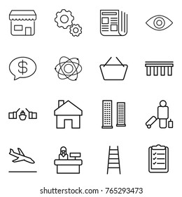Thin line icon set : shop, gear, newspaper, eye, money message, atom, basket, bridge, drawbridge, home, skyscrapers, passenger, arrival, reception, stairs, clipboard list