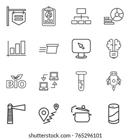 Thin line icon set : shop signboard, report, hierarchy, diagram, graph, delivery, monitor arrow, bulb brain, bio, notebook connect, vial, jet robot, lighthouse, route, steam pan, cleanser powder
