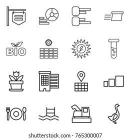 Thin line icon set : shop signboard, diagram, delivery, bio, sun power, vial, flower, houses, map, sorting, cafe, pool, harvester, goose