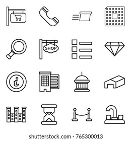 Thin line icon set : shop signboard, phone, delivery, cpu, magnifier, list, diamond, info, houses, goverment house, warehouse, palace, sand clock, vip fence, water tap