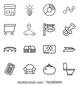 Thin line icon set : shop, bulb, circle diagram, graph, delivery, car pointer, store signboard, nipple, bridge, money, credit card, yacht, inflatable mattress, armchair, tomato, toilet