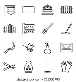 Thin line icon set : shop signboard, fence, flower bed, watering, fork, rake, sickle, wheelbarrow, pear, farm, pruner, fertilizer, gloves