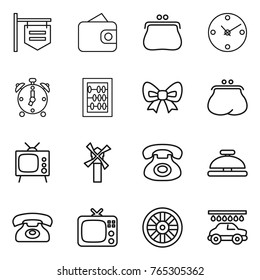 Thin line icon set : shop signboard, wallet, purse, clock, alarm, abacus, bow, tv, windmill, phone, service bell, wheel, car wash