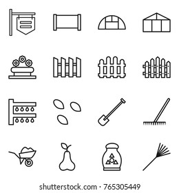 Thin line icon set : shop signboard, fence, greenhouse, flower bed, watering, seeds, shovel, rake, wheelbarrow, pear, fertilizer