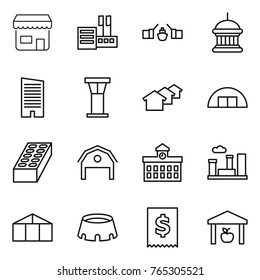 Thin line icon set : shop, store, drawbridge, goverment house, skyscraper, airport tower, houses, hangare, brick, barn, university, city, greenhouse, stadium, tax, warehouse