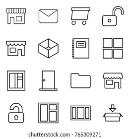 Thin line icon set : shop, mail, delivery, unlock, box, copybook, window, door, documents, unlocked, package